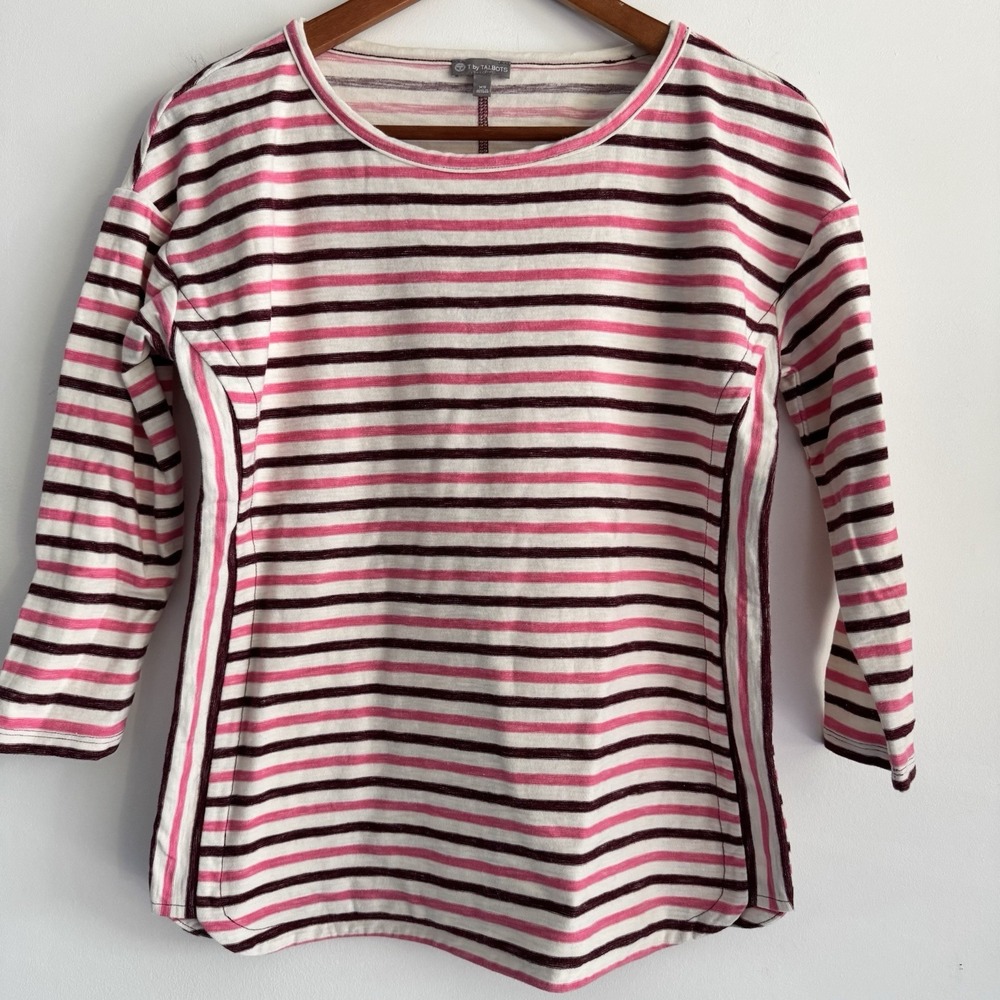 T by TALBOTS Scoop‎ Neck 3/4 Sleeve T Multi Color Stripe Size XS-EUC!
